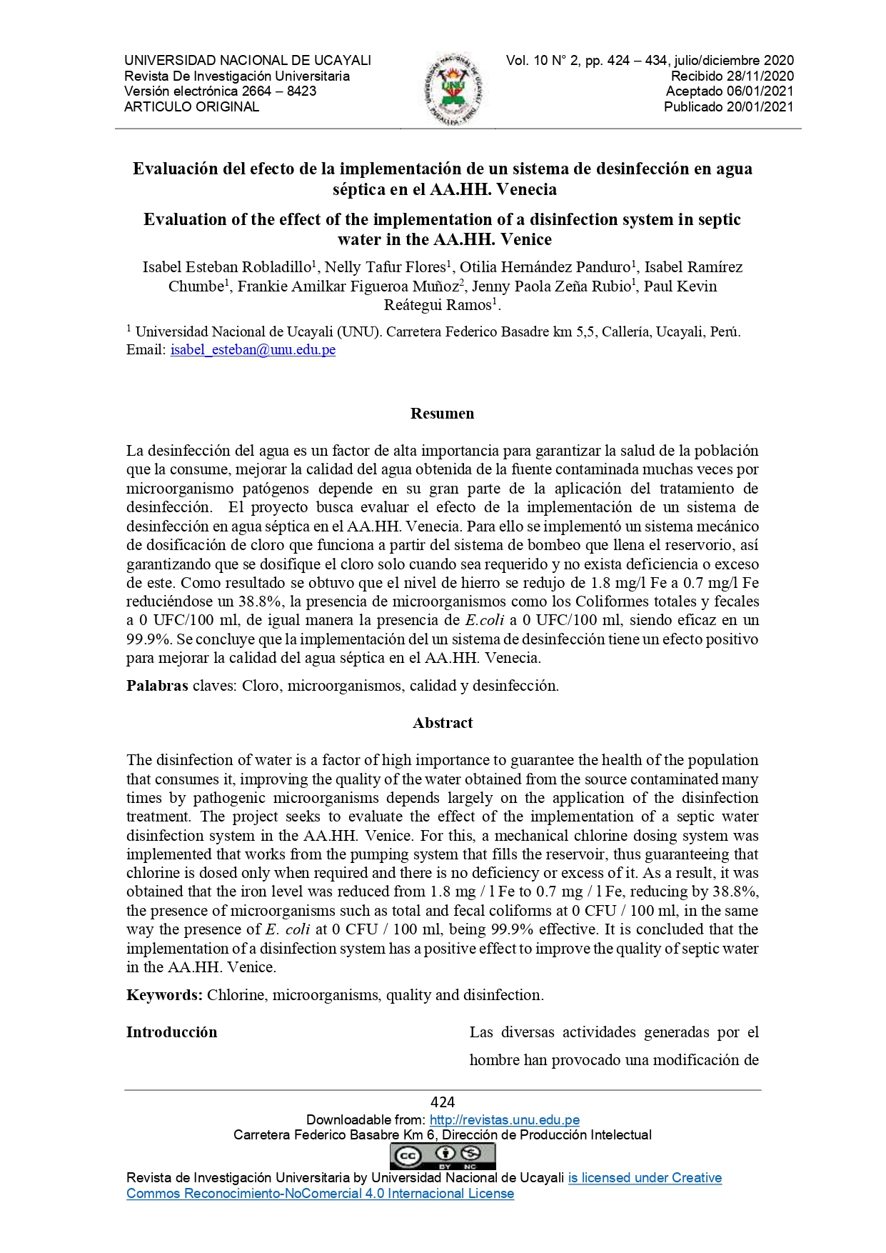 Evaluación del efecto de la implementación de un sistema de desinfección en agua séptica en el AA.HH. Venecia