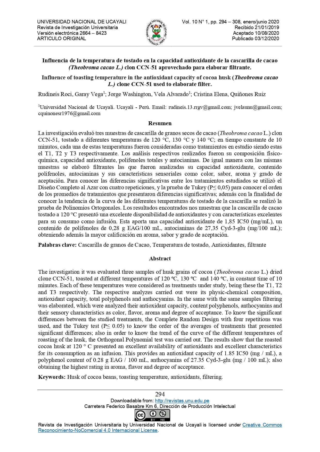 Influencia de la temperatura de tostado en la capacidad antioxidante de la cascarilla de cacao (Theobroma cacao L.) clon CCN-51 aprovechado para elaborar filtrante