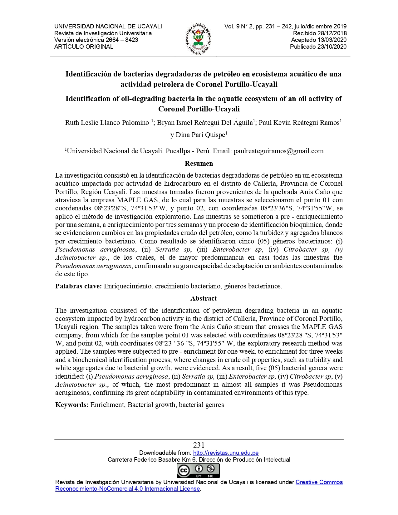Identificación de bacterias degradadoras de petróleo en ecosistema acuático de una actividad petrolera de Coronel Portillo-Ucayali