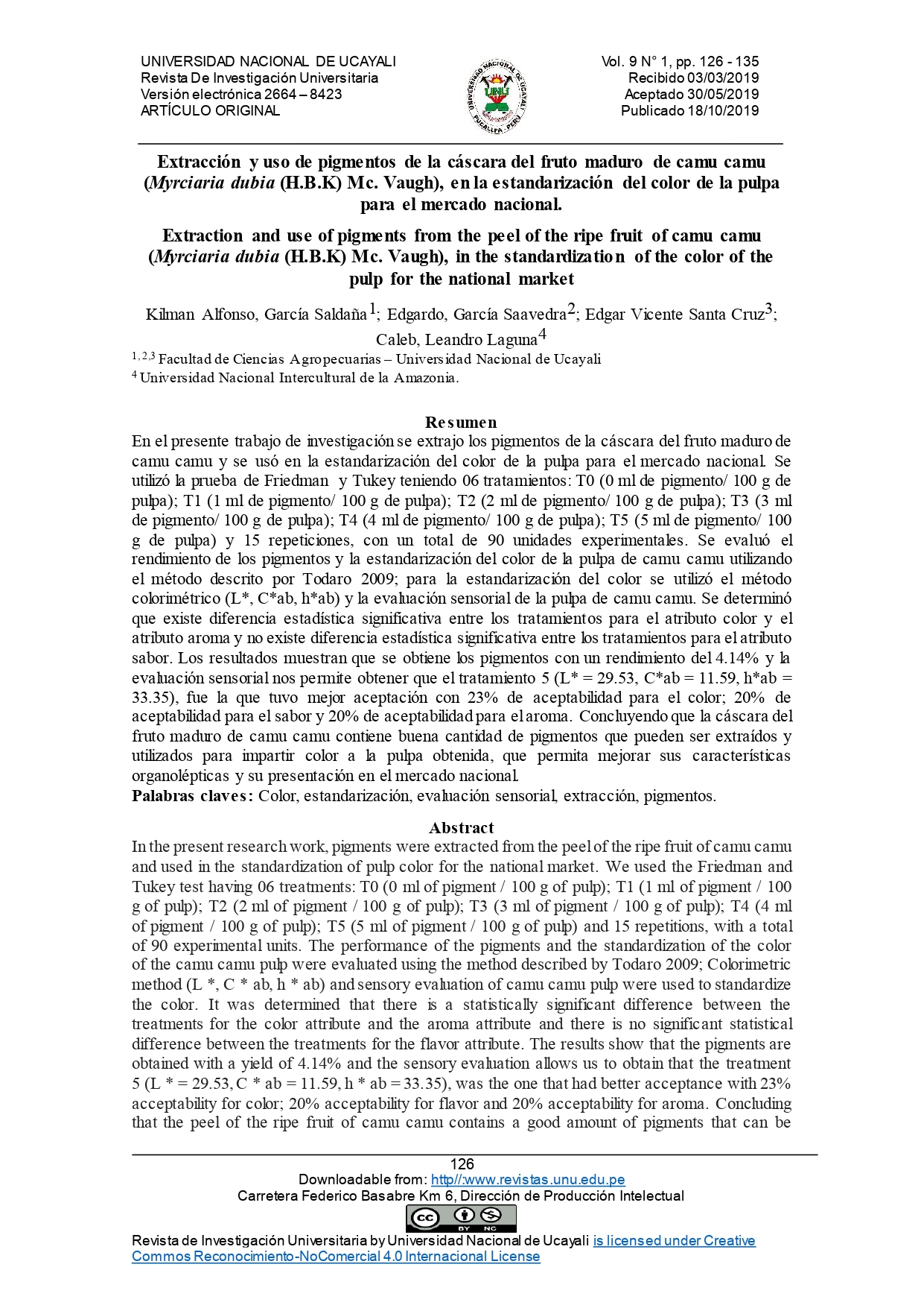 Extracción y uso de pigmentos de la cáscara del fruto maduro de camu camu (Myrciaria dubia (H.B.K) Mc. Vaugh), en la estandarización del color de la pulpa para el mercado nacional