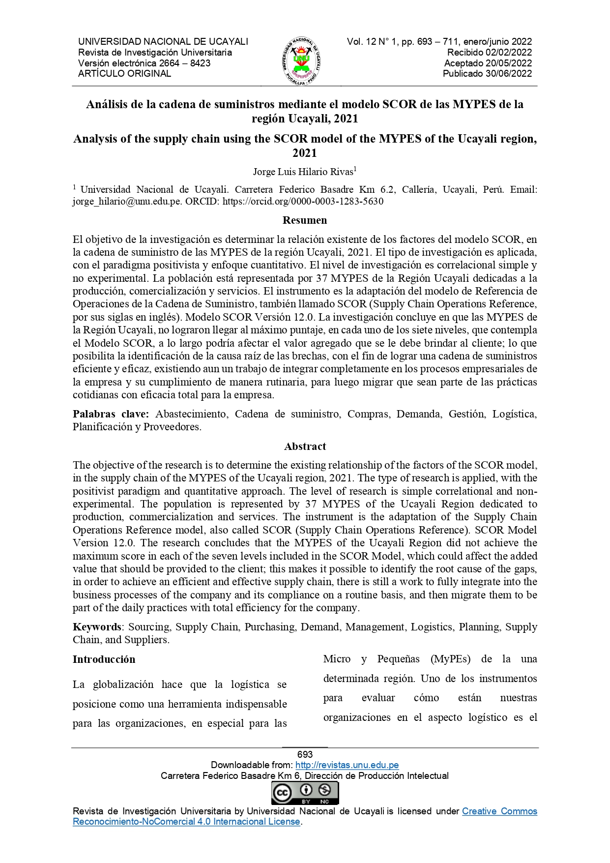 Análisis de la cadena de suministros mediante el modelo SCOR de las MYPES de la región Ucayali, 2021