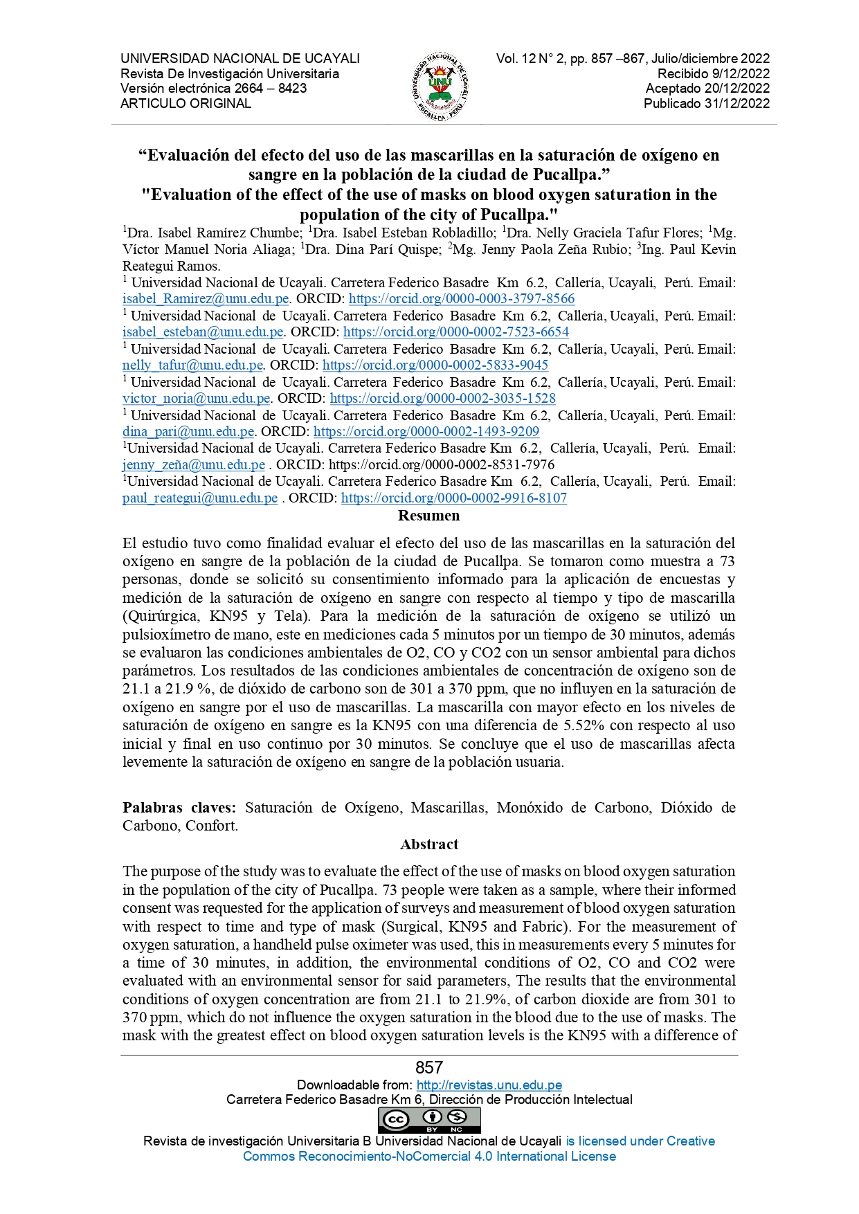Evaluación del efecto del uso de las mascarillas en la saturación de oxígeno en sangre en la población de la ciudad de Pucallpa